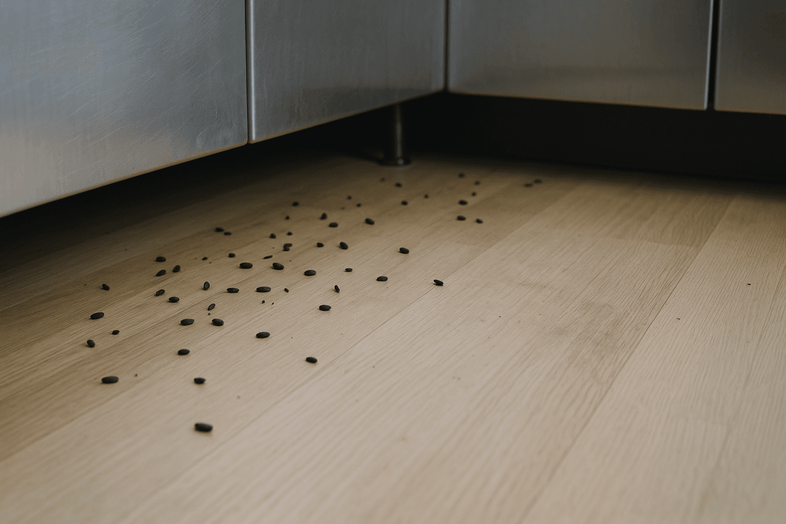 Plancher de cuisine au ras des armoires, avec des excréments de rongeurs