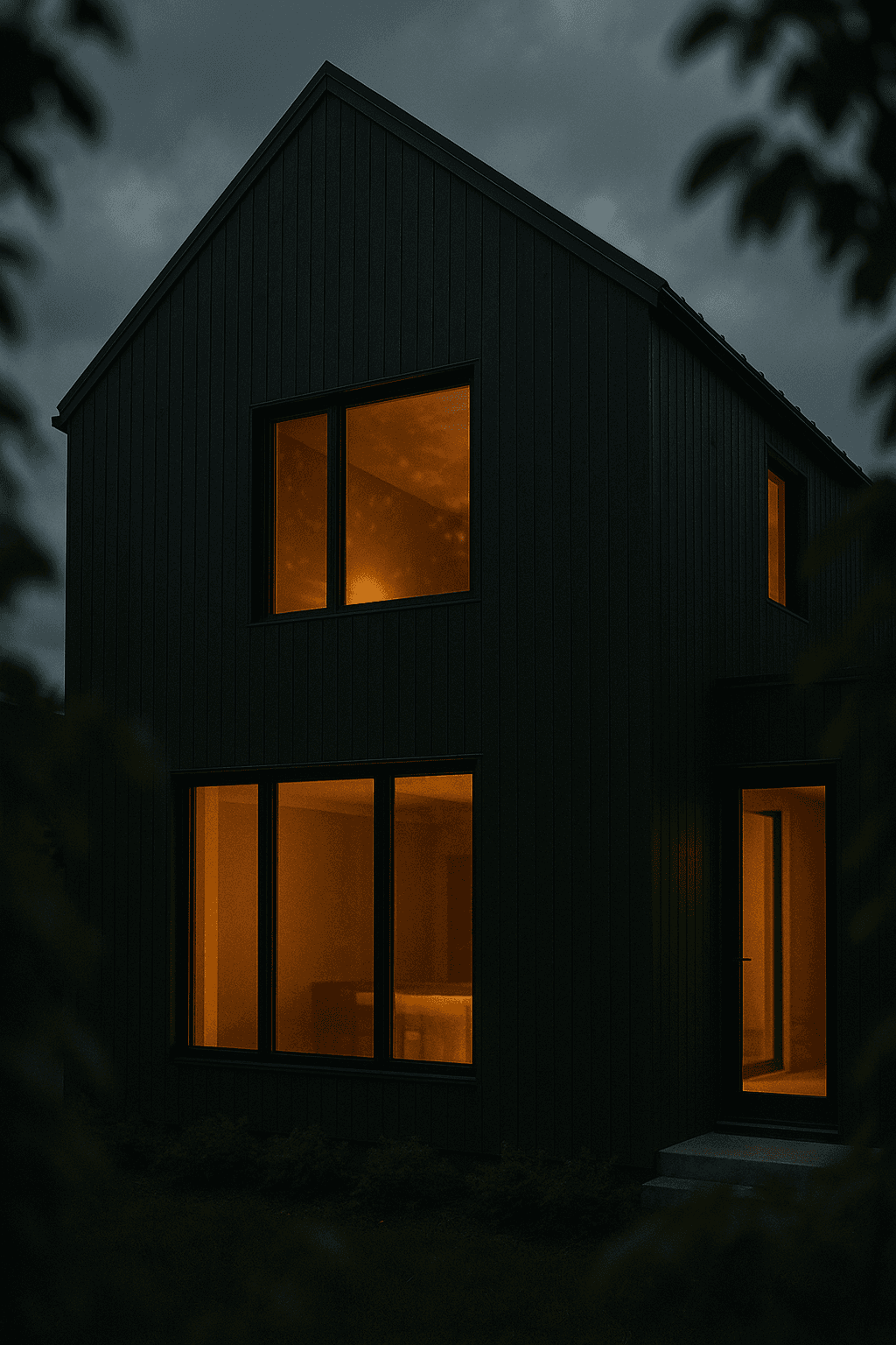 Maison québécoise contemporaine au revêtement de bois foncé, éclairée au crépuscule